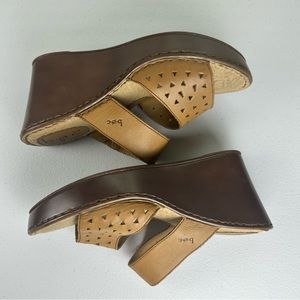 BOC BORN Brown Leather Slip On Open Toe High Wedge Heel Sandals Sz 9 M/W